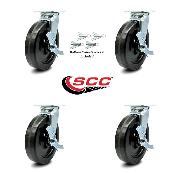 8 Inch Phenolic Caster Set with Ball Bearings and Brake/Swivel Lock SCC
